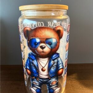 Stylish Bear Glass Cup with Blue Jacket Design